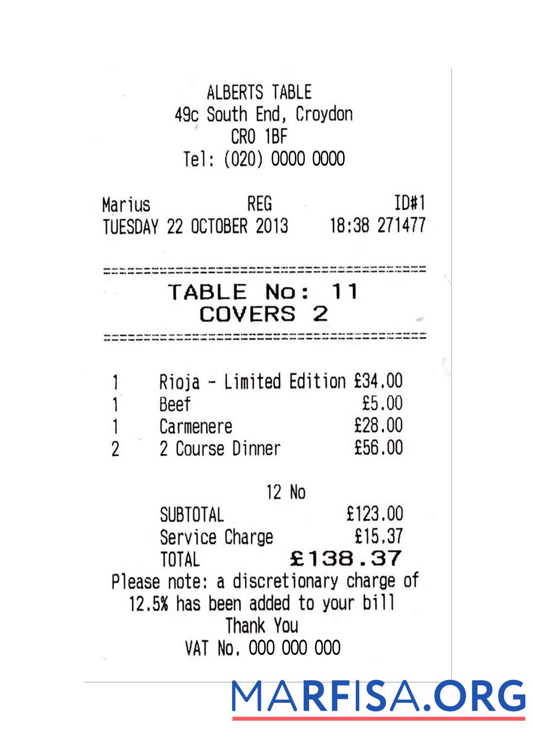 Blank ALBERTS TABLE payment check sample